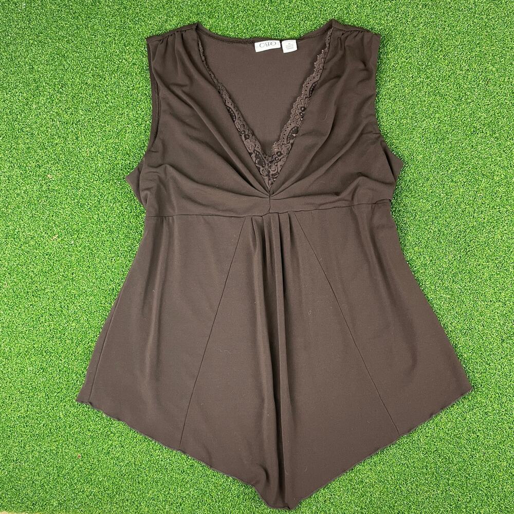 Vintage Cato Brown Sleeveless V Neck Handkerchief Hem Blouse Sz M